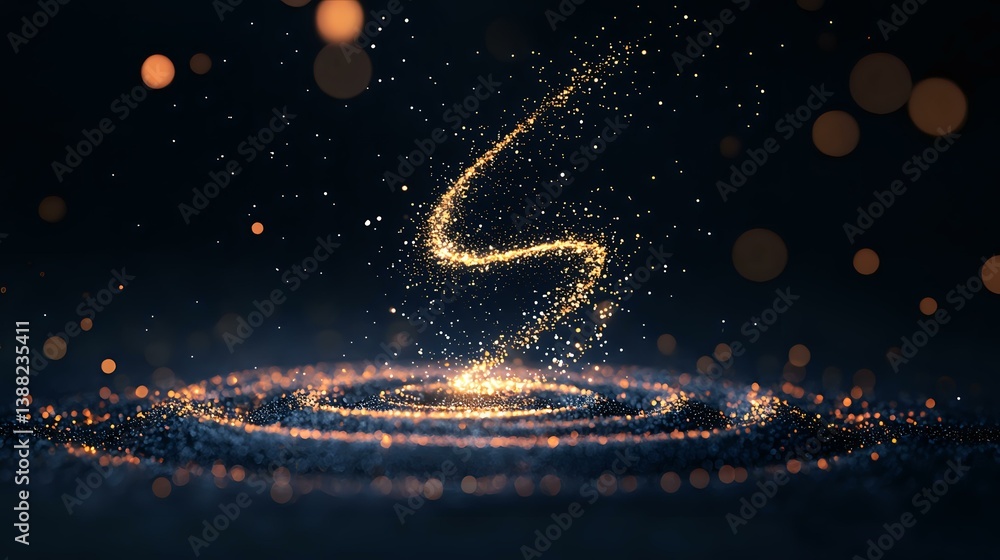 Poster magical glowing spiral trail of golden sparkles and light particles swirling in dark space with boke