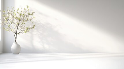 Obraz premium A white vase with delicate flowering branches casting soft shadows on a minimalist white wall, and bright sunlight illuminating the serene indoor setting.