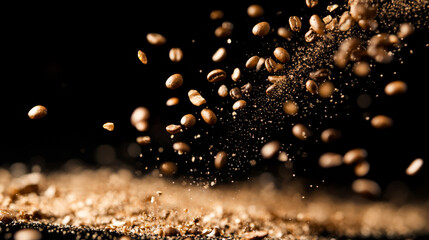 Coffee grains caught mid-fall against a dramatic black background