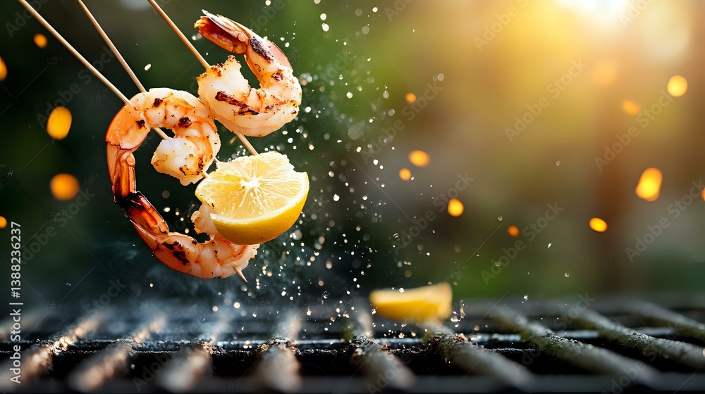 Poster fresh prawns and lemon slices falling onto dark surface with water splashes and golden bokeh lights 
