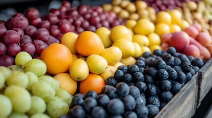 Fresh colorful fruits arranged in wooden crate at farmers market including blueberries, oranges, grapes and apples, selective focus on ripe produce display.