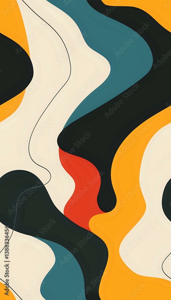 Poster abstract wavy pattern with organic flowing shapes in retro colors - orange, teal, black, cream and r