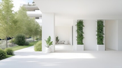 Modern apartment building exterior with lush landscaping and a serene patio area