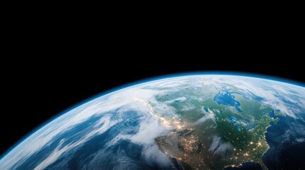 A high-resolution image shows Earths curvature, with North America prominent. Clouds and city lights are visible. The dark space forms the background, creating a dramatic contrast. The style is real