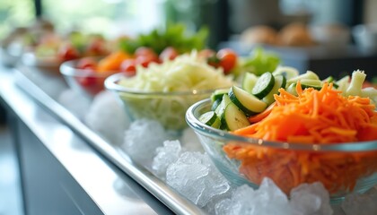 Self-service salad bar with fresh vegetables in glass bowls on ice. Buffet style presentation with carrots, cucumbers, tomatoes, greens. Healthy eating catering meal option. Freshness. Culinary
