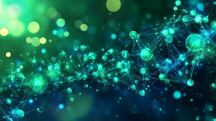 Abstract representation of interconnected spheres with green and blue lighting effects