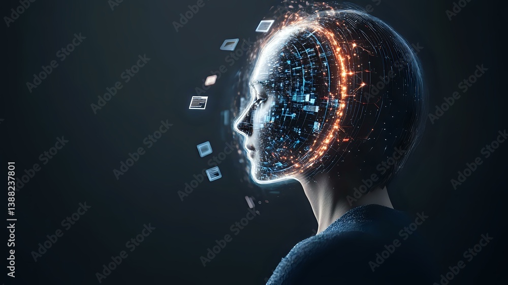 Poster digital transformation concept showing female profile with glowing network patterns and floating dat