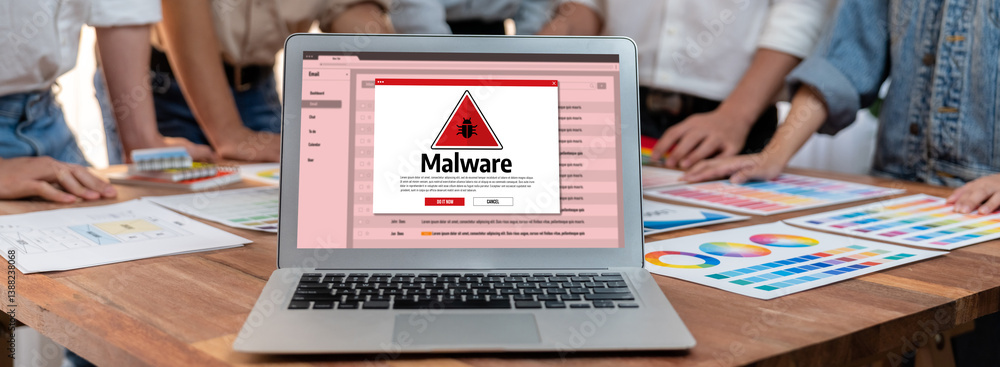 Poster Cyber attacking concept. Malware alert showing on computer screen display scam and threat detection on computer system or online server to be removed brisk.