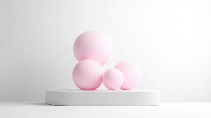 Fototapeta premium Three pale pink spheres rest on a white platform against a white background. The largest sphere is at the back, with two smaller ones in front. The image is clean and minimalist, with soft lighting.