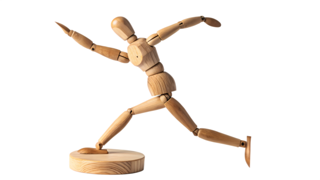 Wooden Drawing Mannequin – Expressive Pose on Transparent Background

