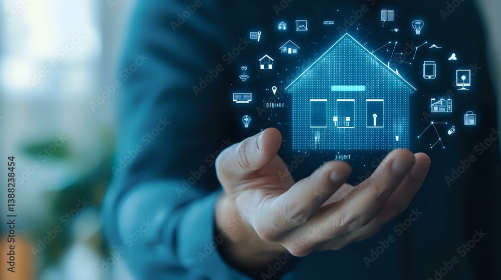Poster glowing holographic smart home interface floating above hands with connected iot devices and technol
