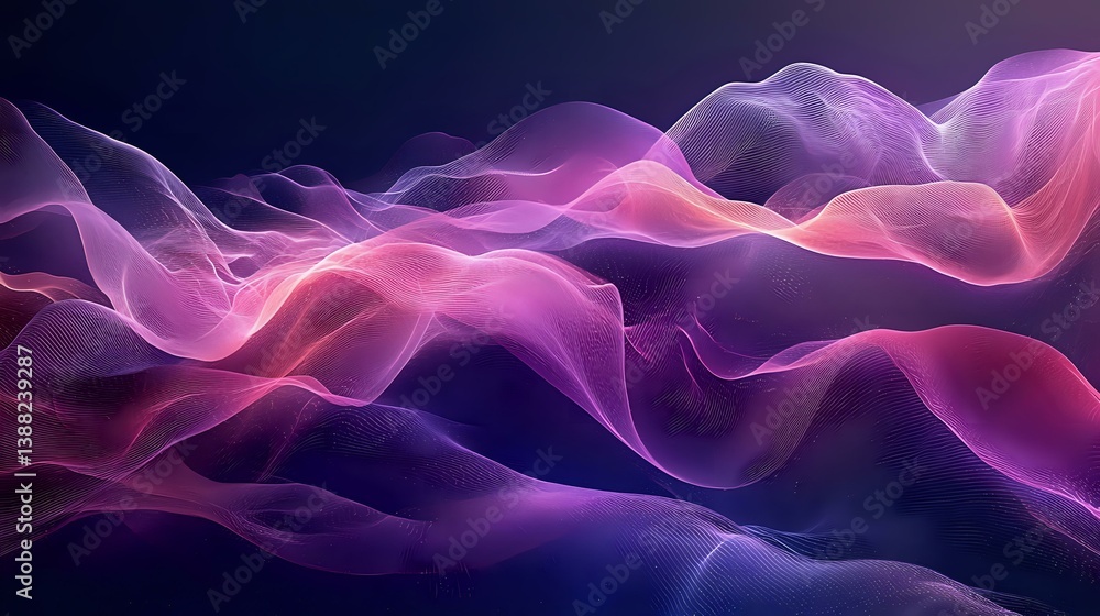 Poster ethereal flowing waves in purple and pink hues create dynamic abstract background with smooth gradie
