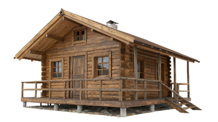 3D rendered PNG of a rustic wooden cabin-style house built on stilts with weathered brown logs, balcony, and windows – transparent background for architectural or design use
