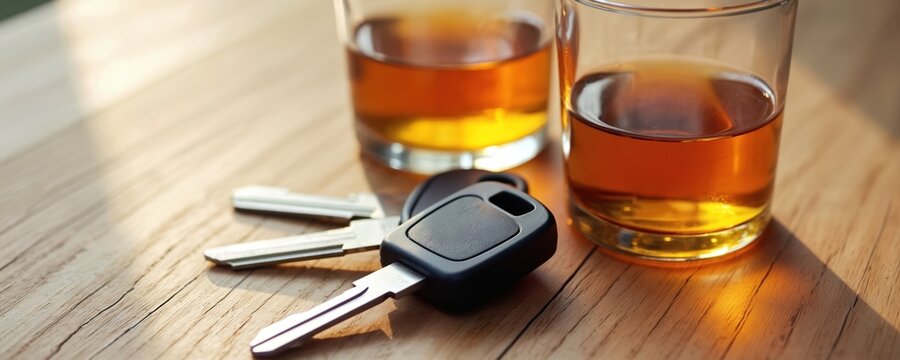 Concept, not drink drive, represents dangers of alcohol. Car keys near whiskey glasses on wooden table. Social issue, drunk driving impact, DUI crime. Responsible decision, safety, drink responsibly.
