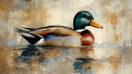 Male mallard duck swimming in calm water against abstract textured background, artistic nature painting style with warm earth tones and reflections creating moody atmosphere.