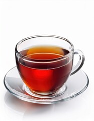 Glass cup of black tea on white background