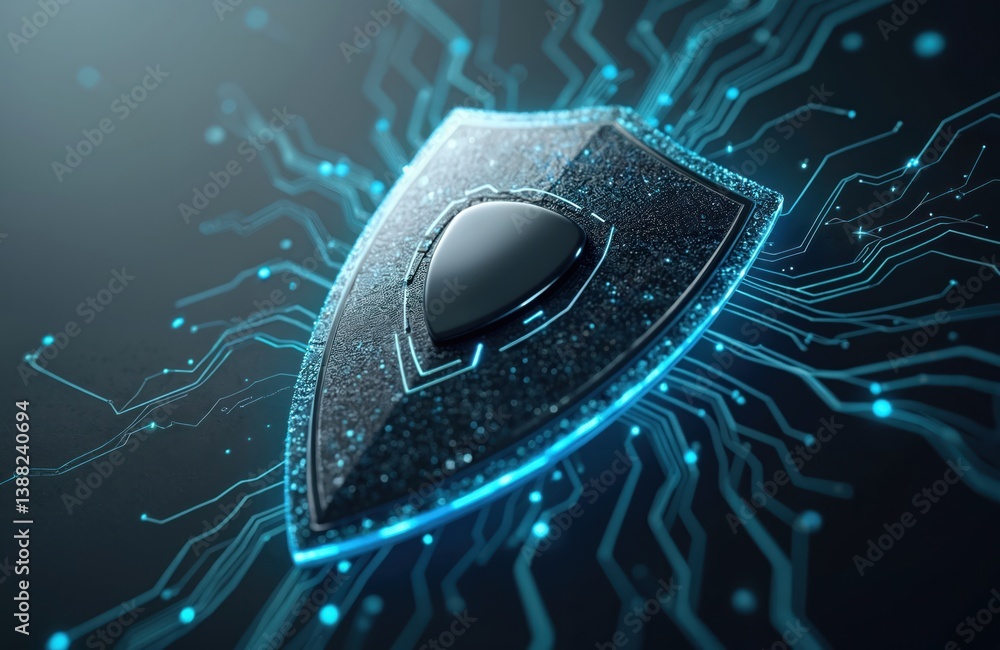 Poster cyber security shield protects data. futuristic tech illustration represents protection online safet