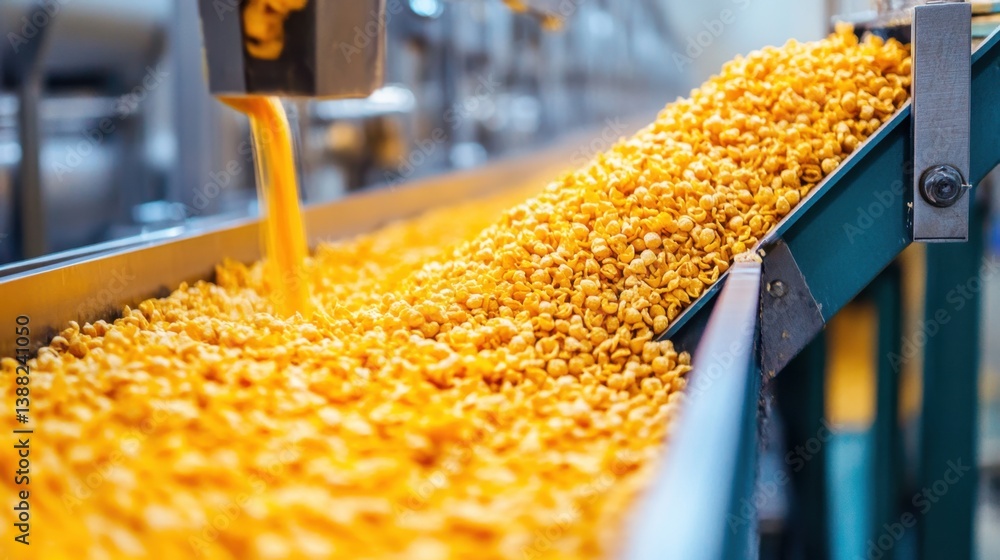 Poster cereal being poured into boxes on a large-scale automated packaging line in bright clean facility.