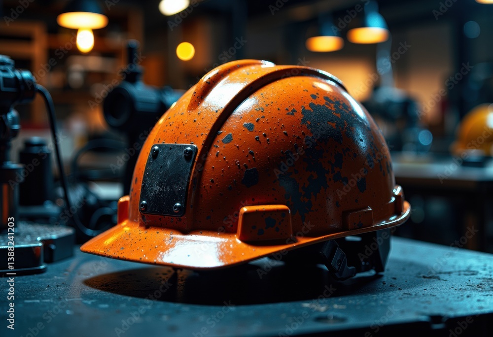 Poster worn orange hard hat resting on a workbench in a workshop setting