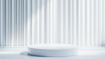 A minimalist white cylindrical podium sits center stage against a backdrop of vertically lined white curtains. The scene is brightly lit, creating a clean, modern aesthetic. The image is high-qualit