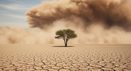 A lone tree stands in a cracked desert landscape with a dust storm looming in the background