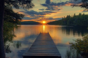 Fototapeta premium Tranquil Sunset over Maine Lake with Serene Dock and Calm Waters