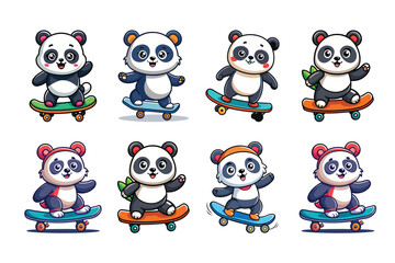 Obraz premium Eight cute pandas enjoy skateboarding. Bright, colorful illustration. Fun, playful, and energetic scene. Perfect for kids.