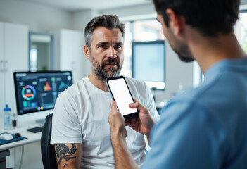 Two men discussing a mobile app in a modern office setting