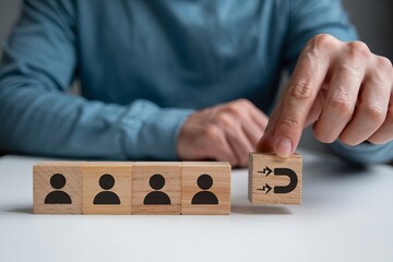 A close-up photograph of wooden blocks with business icons on a white surface. Four identical light wooden blocks are arranged in a row, each displaying a black silhouette icon of a person in a circle