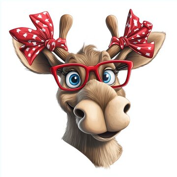 recommend clip art: Funny Cartoon Moose with Glasses and Red Bows - Cute Whimsical Illustration of Silly Animal Character