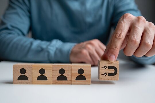 A close-up photograph of wooden blocks with business icons on a white surface. Four identical light wooden blocks are arranged in a row, each displaying a black silhouette icon of a person in a circle