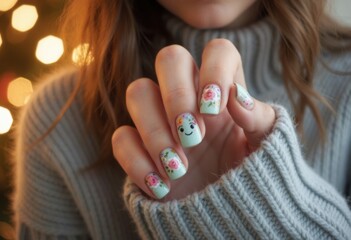Naklejka premium Beautifully manicured nails with floral designs and a cute smiley face