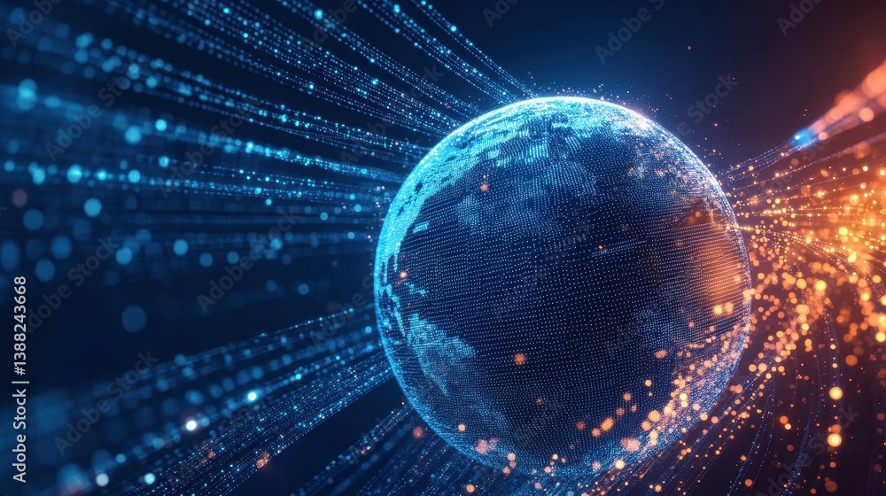 Poster dynamic sphere: 3d representation of a globe in digital dots, illustrating the rapid pace of global 