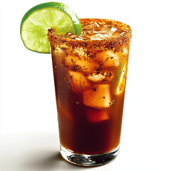 Close-up of a refreshing michelada cocktail with ice, chili-rimmed glass, and lime garnish, perfect for summer or parties.