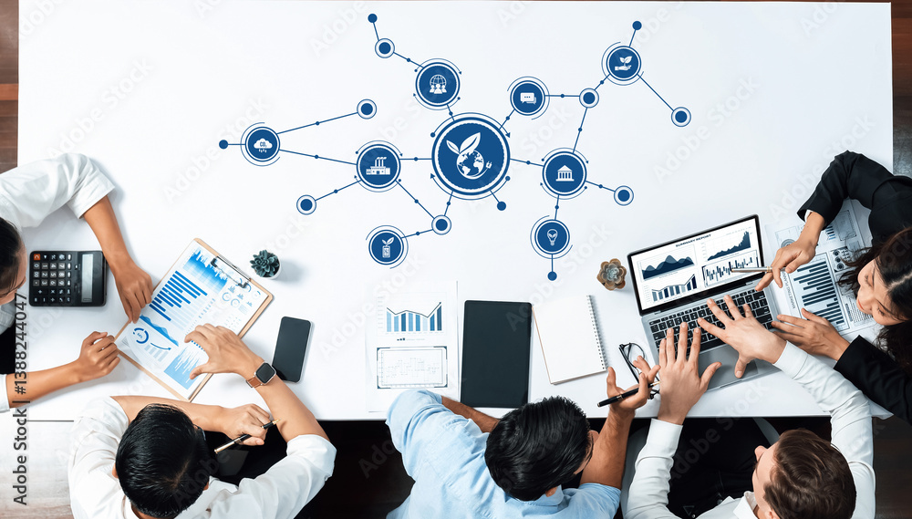 Aufkleber a diverse team engages in a business meeting focused on green initiatives, utilizing digital tools a