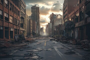 Desolate Urban Landscape: Ruins of a War-Torn City with Abandoned Streets Under a Dramatic Sky