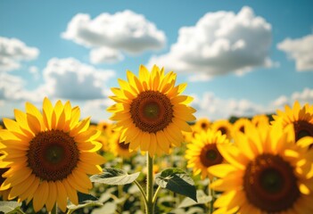 Fototapeta premium Bright sunflowers blooming under a clear blue sky with fluffy clouds