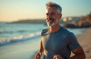 Active middle-aged man runs on beach. Athletic older male jogging near sea during summer sunset. Runner enjoys outdoor fitness training exercise in seaside environment. Active lifestyle sport.
