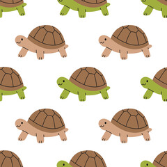 Seamless pattern with land turtles on white background. Cute tortoises. Pet, exotic animal. Domestic or wild reptile. Zoo, wild nature. Vector flat illustration for wallpaper, textile, packaging