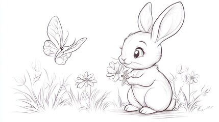 Obraz premium Cute bunny with flower and butterfly in meadow. Possible use Children's book illustration