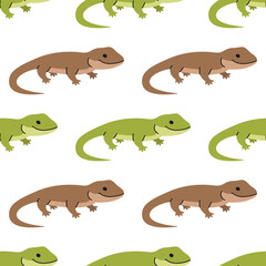 Seamless pattern with green and brown lizards on white background. Cute reptile. Geckos. Pet, exotic animal. Zoo, wild nature. Vector flat illustration for wallpaper, textile, packaging