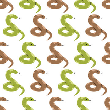 Seamless pattern with green and brown spotted snakes on white background. Cute reptile. Pet, exotic animal. Zoo, wild nature. Vector flat illustration for wallpaper, textile, packaging