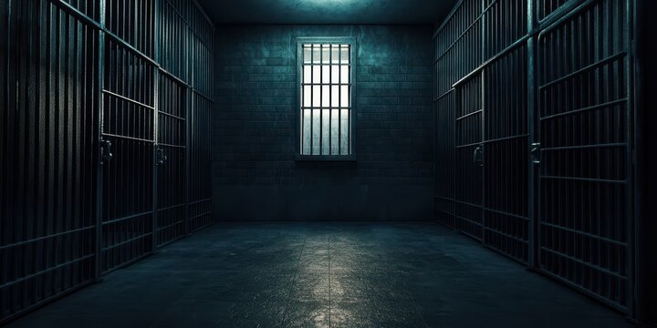 Dimly Lit Gaol Interior. Empty Jail Cells with Dark Shadows and Bars for Mobile Phone Wallpaper