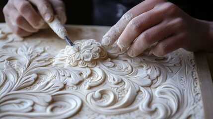 Artisan skillfully hand carving detailed designs into soft medium for unique creations