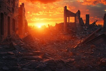 Fototapeta premium Sunset Over Ruins: Apocalyptic Debris and Destruction Background