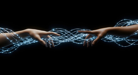Hands connected by light, digital connection concept