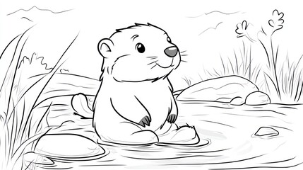 Fototapeta premium Cute groundhog sitting by a stream. Coloring book image