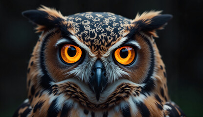 Obraz premium Majestic owl with bright eyes against dark background