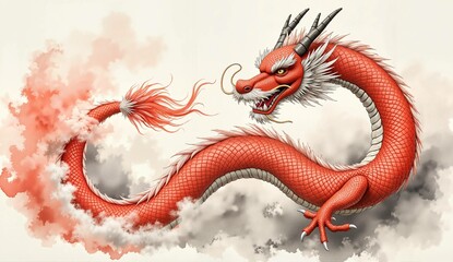 Fototapeta premium Red dragon soaring through clouds