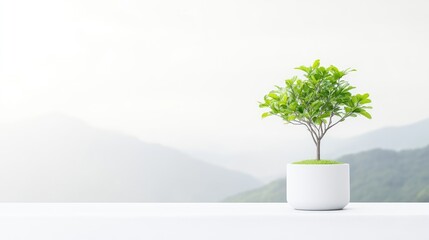 A small, potted tree sits on a white surface. The tree has bright green leaves and a slender trunk. The background is a softly blurred mountain range. The image is high quality with soft lighting,